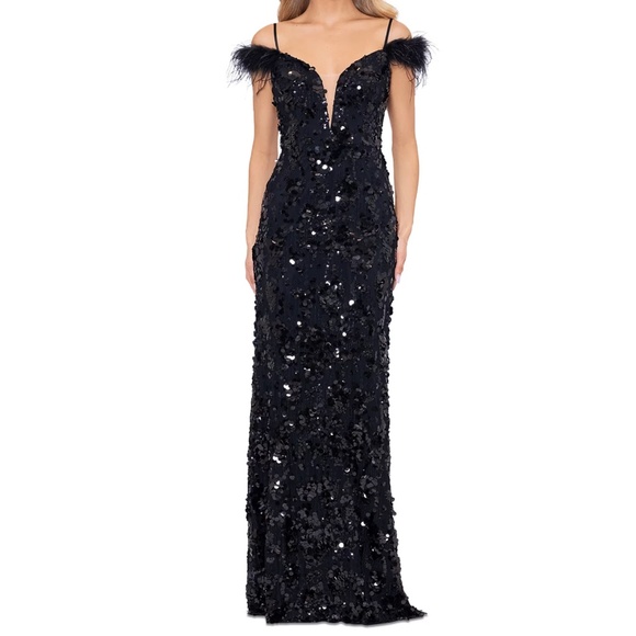 Betsy & Adam - Sequined Feather-Trim Gown - Picture 1 of 12